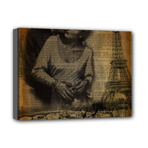 Romantic Kissing Couple Love Vintage Paris Eiffel Tower Deluxe Canvas 16  X 12  (framed)  by chicelegantboutique