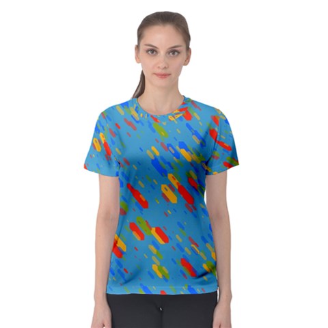 Colorful Shapes On A Blue Background Women s Sport Mesh Tee by LalyLauraFLM