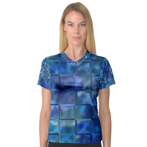 Blue Squares Tiles Women s V-neck Sport Mesh Tee by KirstenStarFashion