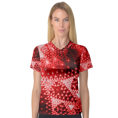 Red Fractal Lace Women s V-neck Sport Mesh Tee by KirstenStarFashion