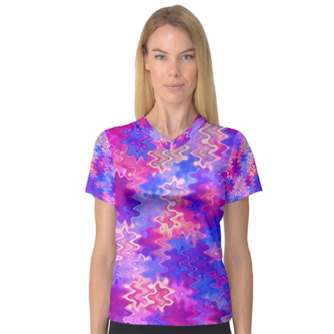 Pink And Purple Marble Waves Women s V-neck Sport Mesh Tee by KirstenStarFashion