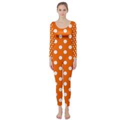 Orange And White Polka Dots Long Sleeve Catsuit by GardenOfOphir