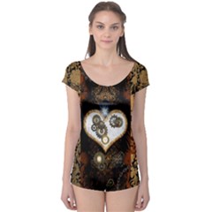 Steampunk, Awesome Heart With Clocks And Gears Short Sleeve Leotard by FantasyWorld7