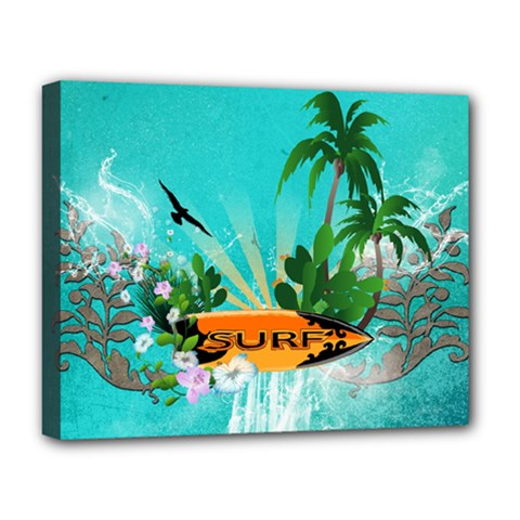 Surfboard With Palm And Flowers Deluxe Canvas 20  X 16   by FantasyWorld7