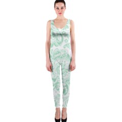 Mint Green And White Baroque Floral Pattern Onepiece Catsuits by Dushan