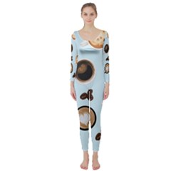 Cute Coffee Pattern On Light Blue Background Long Sleeve Catsuit by LovelyDesigns4U