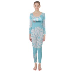 Aqua Blue Floral Pattern Long Sleeve Catsuit by LovelyDesigns4U