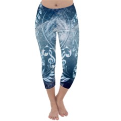 Music, Decorative Clef With Floral Elements In Blue Colors Capri Winter Leggings  by FantasyWorld7