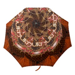 Surfing, Surfboard With Floral Elements  And Grunge In Red, Black Colors Folding Umbrellas by FantasyWorld7