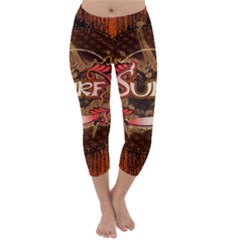 Surfing, Surfboard With Floral Elements  And Grunge In Red, Black Colors Capri Winter Leggings  by FantasyWorld7