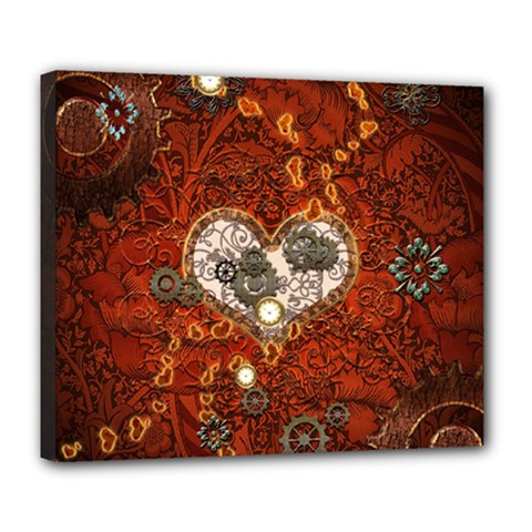 Steampunk, Wonderful Heart With Clocks And Gears On Red Background Deluxe Canvas 24  X 20   by FantasyWorld7
