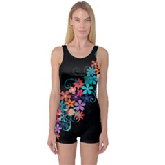 Coorful Flower Design On Black Background One Piece Boyleg Swimsuit by GabriellaDavid