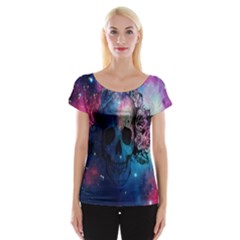 Colorful Space Skull Pattern Women s Cap Sleeve Top by Brittlevirginclothing