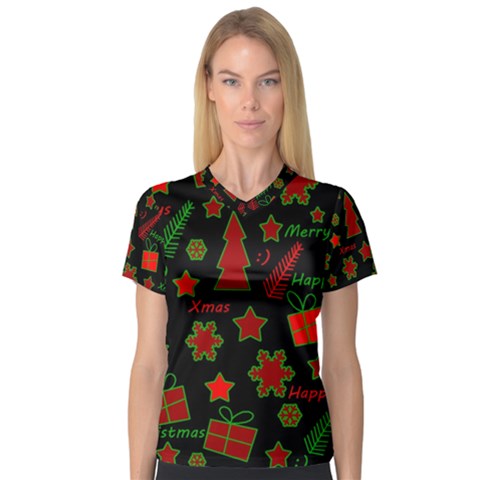 Red And Green Xmas Pattern Women s V-neck Sport Mesh Tee by Valentinaart
