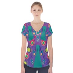 Peacock Bird Animal Feathers Short Sleeve Front Detail Top by Amaryn4rt