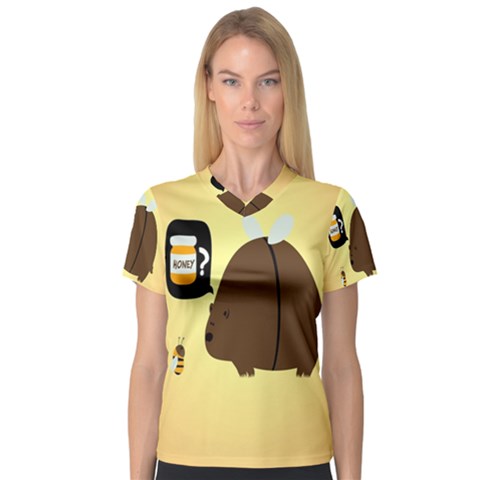Bear Meet Bee Honey Animals Yellow Brown Women s V-neck Sport Mesh Tee by Alisyart