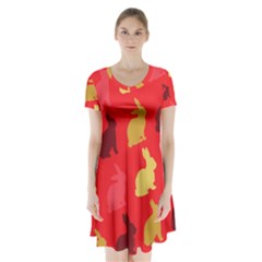 Hare Easter Pattern Animals Short Sleeve V-neck Flare Dress by Amaryn4rt