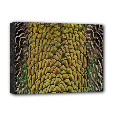 Peacock Bird Feather Gold Blue Brown Deluxe Canvas 16  X 12   by Alisyart