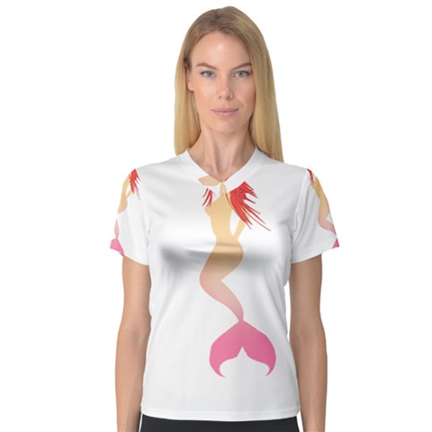 Mermaid Illustrator Beach Fish Sea Pink Red Women s V-neck Sport Mesh Tee by Alisyart