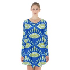 Sea Shells Blue Yellow Long Sleeve Velvet V-neck Dress by Alisyart