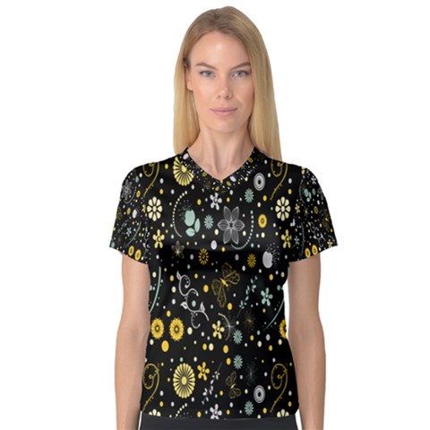 Floral And Butterfly Black Spring Women s V-neck Sport Mesh Tee by Alisyart