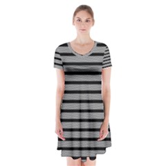 Black White Line Fabric Short Sleeve V-neck Flare Dress by Alisyart