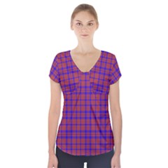 Pattern Plaid Geometric Red Blue Short Sleeve Front Detail Top by Simbadda