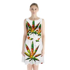 Marijuana Leaf Bright Graphic Sleeveless Chiffon Waist Tie Dress by Simbadda