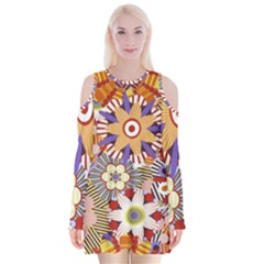 Flower Floral Sunflower Rainbow Frame Velvet Long Sleeve Shoulder Cutout Dress by Alisyart