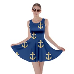 Gold Anchors On Blue Background Pattern Skater Dress by Simbadda