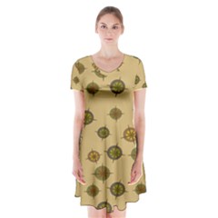 Compass Circle Brown Short Sleeve V-neck Flare Dress by Alisyart