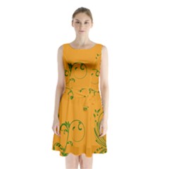 Nature Leaf Green Orange Sleeveless Chiffon Waist Tie Dress by Alisyart