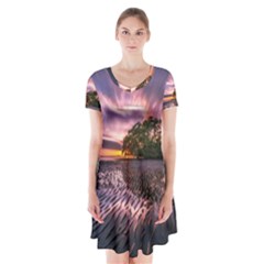 Landscape Reflection Waves Ripples Short Sleeve V-neck Flare Dress by Amaryn4rt