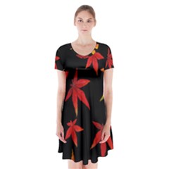 Colorful Autumn Leaves On Black Background Short Sleeve V-neck Flare Dress by Amaryn4rt