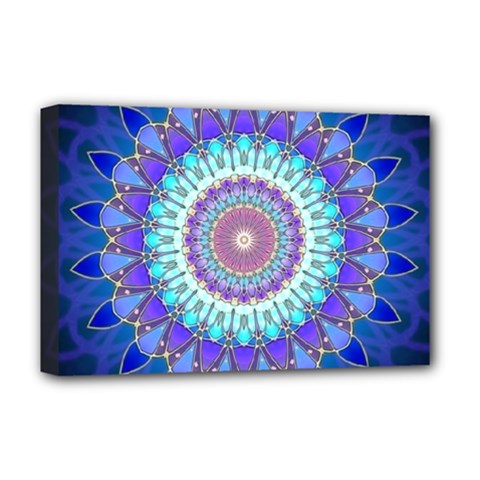 Power Flower Mandala   Blue Cyan Violet Deluxe Canvas 18  X 12   by EDDArt