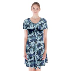 Navy Camouflage Short Sleeve V-neck Flare Dress by sifis