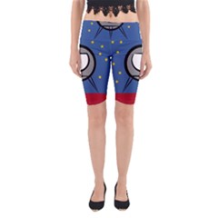 A Rocket Ship Sits On A Red Planet With Gold Stars In The Background Yoga Cropped Leggings by Simbadda