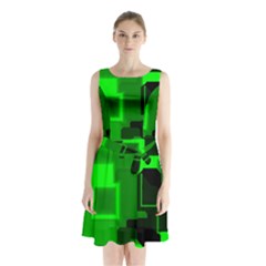 Green Cyber Glow Pattern Sleeveless Chiffon Waist Tie Dress by Simbadda