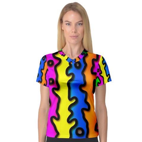 Digitally Created Abstract Squiggle Stripes Women s V-neck Sport Mesh Tee by Simbadda