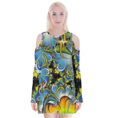 Fractal Background With Abstract Streak Shape Velvet Long Sleeve Shoulder Cutout Dress by Simbadda