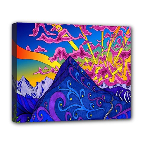 Psychedelic Colorful Lines Nature Mountain Trees Snowy Peak Moon Sun Rays Hill Road Artwork Stars Deluxe Canvas 20  X 16   by Simbadda