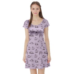 Purple Funny Cats Sketch Pattern For Your Design Short Sleeve Skater Dress by CoolDesigns