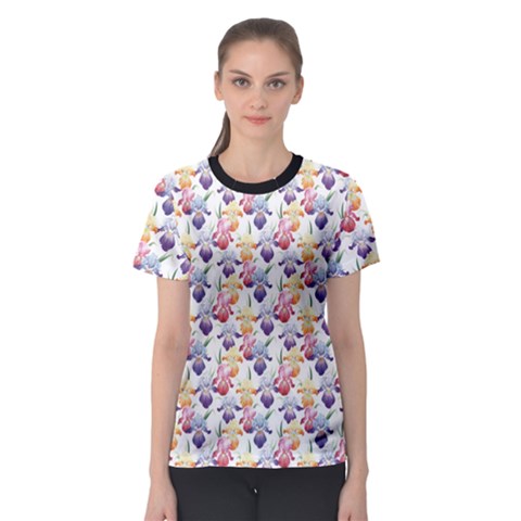 Colorful Pattern With Violet Orange And Vinous Iris Flowers Women s Sport Mesh Tee by CoolDesigns