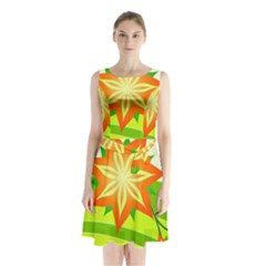 Graphics Summer Flower Floral Sunflower Star Orange Green Yellow Sleeveless Chiffon Waist Tie Dress by Alisyart
