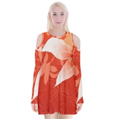 Lily Flowers Graphic White Orange Velvet Long Sleeve Shoulder Cutout Dress by Alisyart