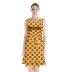 Polka Dot Purple Yellow Orange Sleeveless Chiffon Waist Tie Dress by Mariart