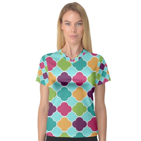 Colorful Quatrefoil Pattern Wallpaper Background Design Women s V-neck Sport Mesh Tee by Simbadda