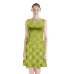Polka Dot Green Yellow Sleeveless Chiffon Waist Tie Dress by Mariart