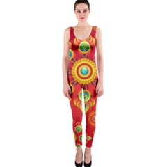 Red And Orange Floral Geometric Pattern Onepiece Catsuit by LovelyDesigns4U