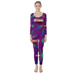 Purple And Green Floral Geometric Pattern Long Sleeve Catsuit by LovelyDesigns4U